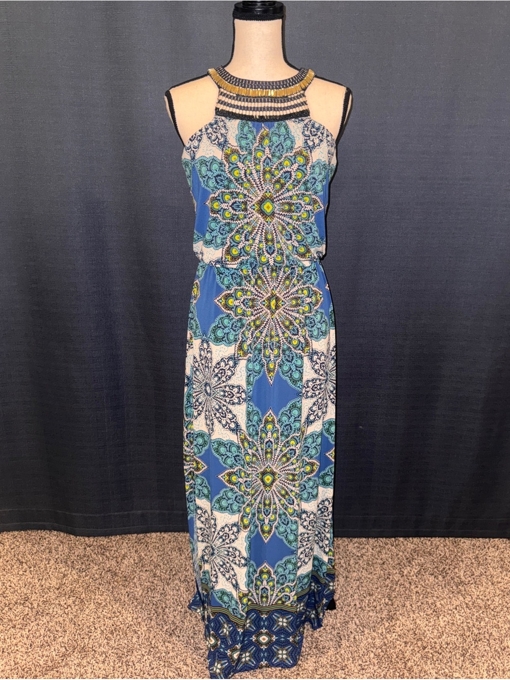 dressbarn Blue & Teal Medallion Halter Maxi Dress